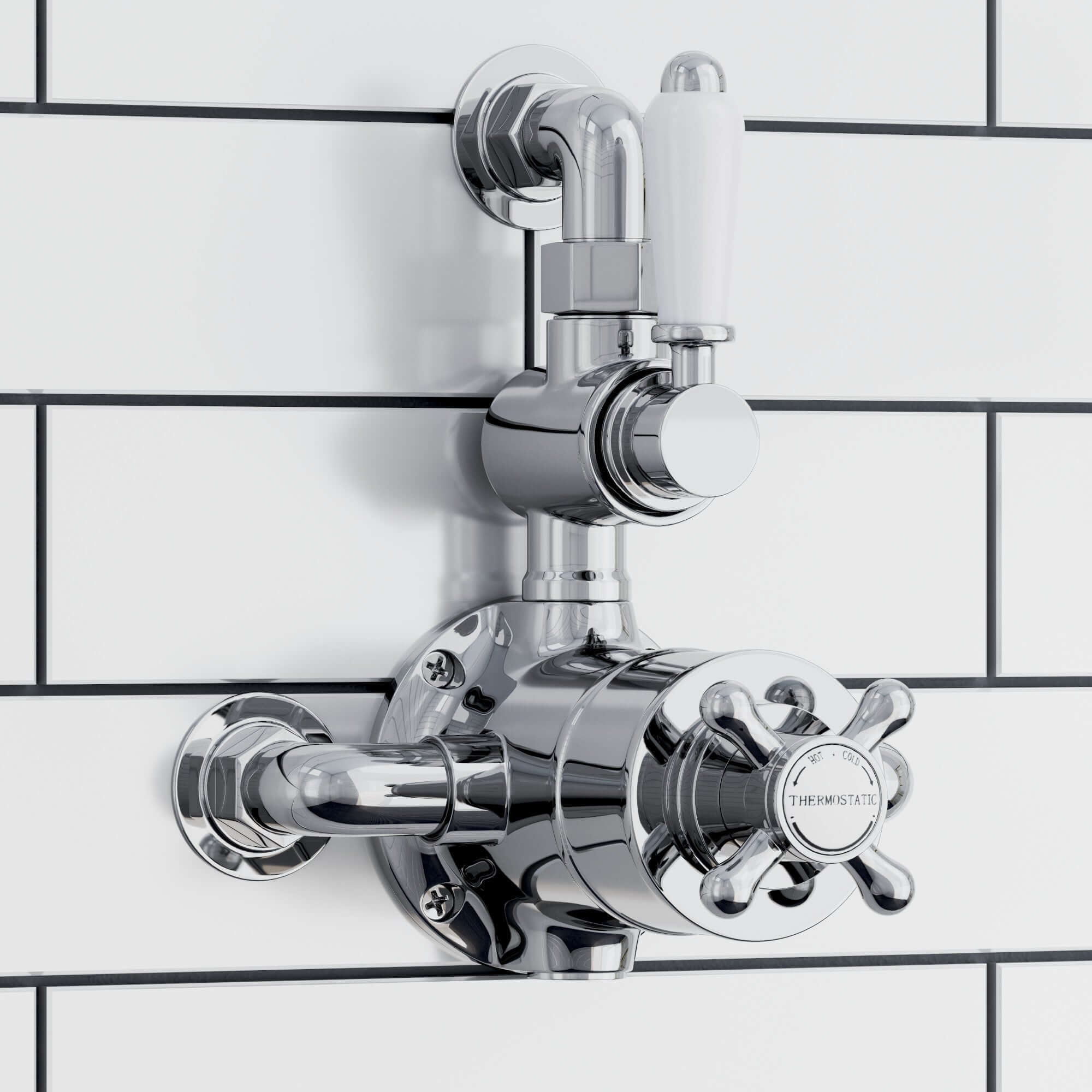 Downton Traditional Twin Thermostatic Shower Valve Exposed With Top Return To Wall Bend - Chrome With White Levers
